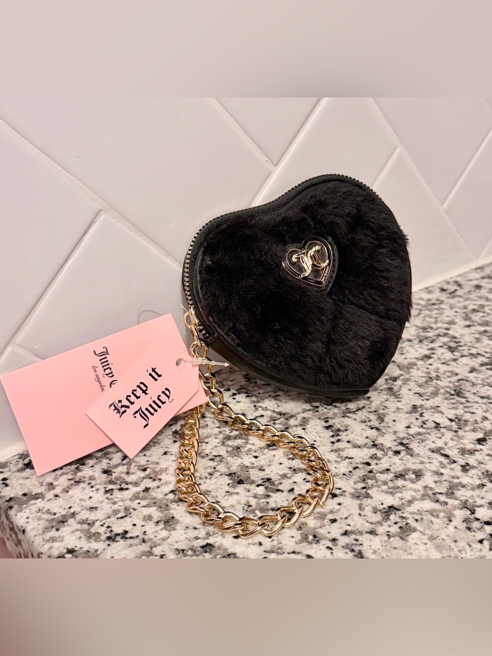 NWT Juicy Couture Black Faux Fur Heart Wristlet Purse-Get Cozy in Licorice